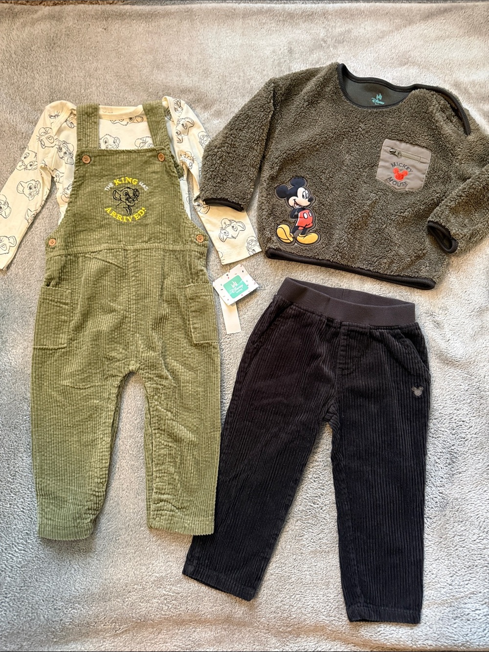 Disney Olive Corduroy Simba Overalls and Mickey Sherpa set